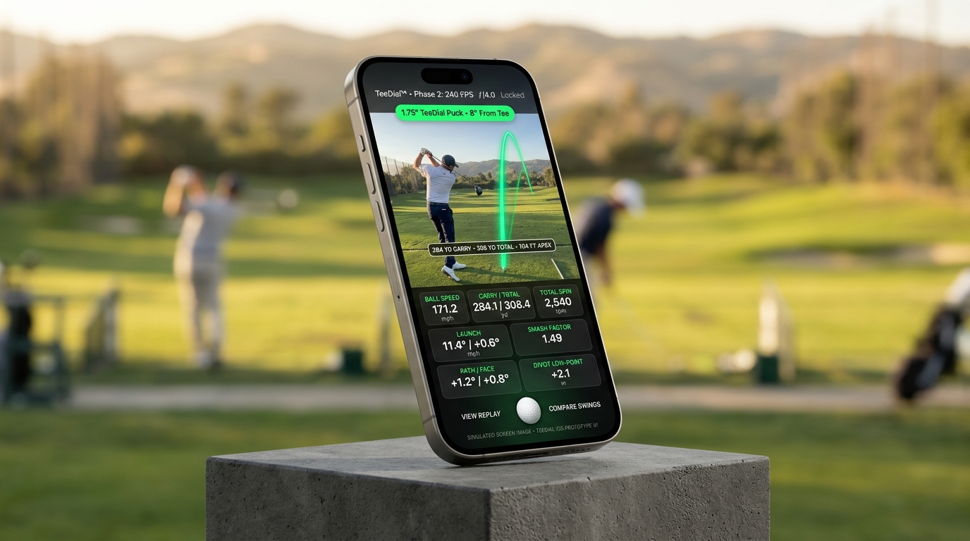 Phone displaying a 3D golf ball trajectory and eight launch telemetry tiles