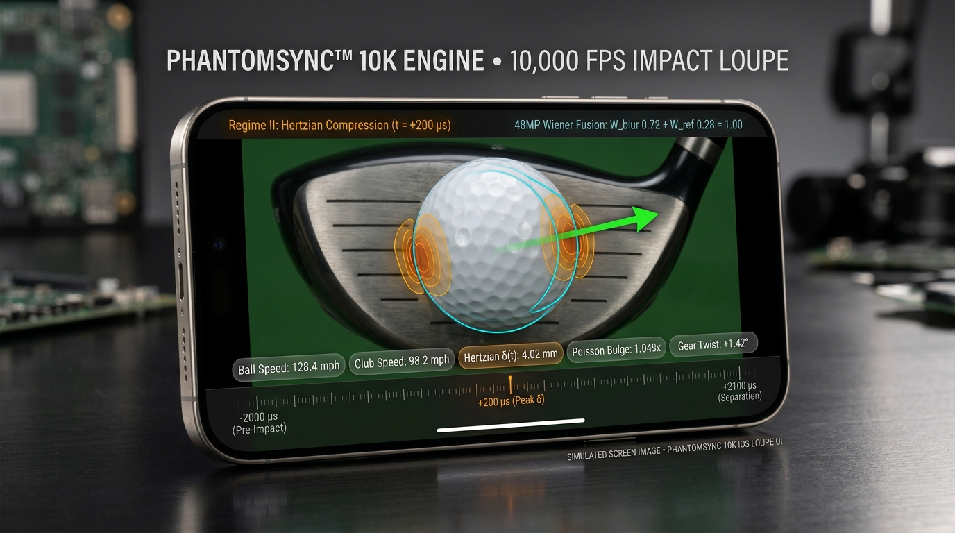 Landscape phone displaying the PhantomSync 10K ball-impact loupe and replay controls
