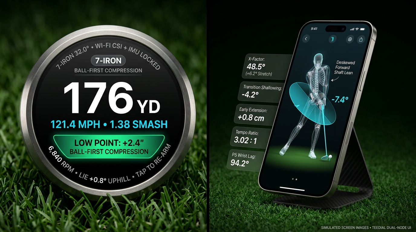 Round TeeDial beside a phone displaying body tracking and shaft lean