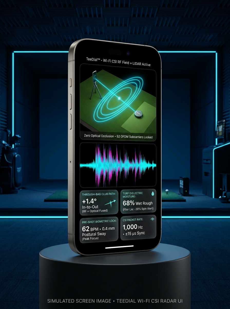 Portrait phone displaying Wi-Fi CSI radar, subcarrier signals, and turf moisture readouts