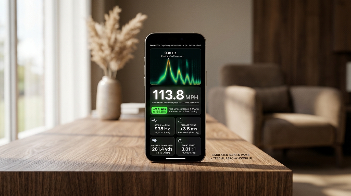 Phone displaying an Aero-Whoosh swing training interface with acoustic spectrum and timing