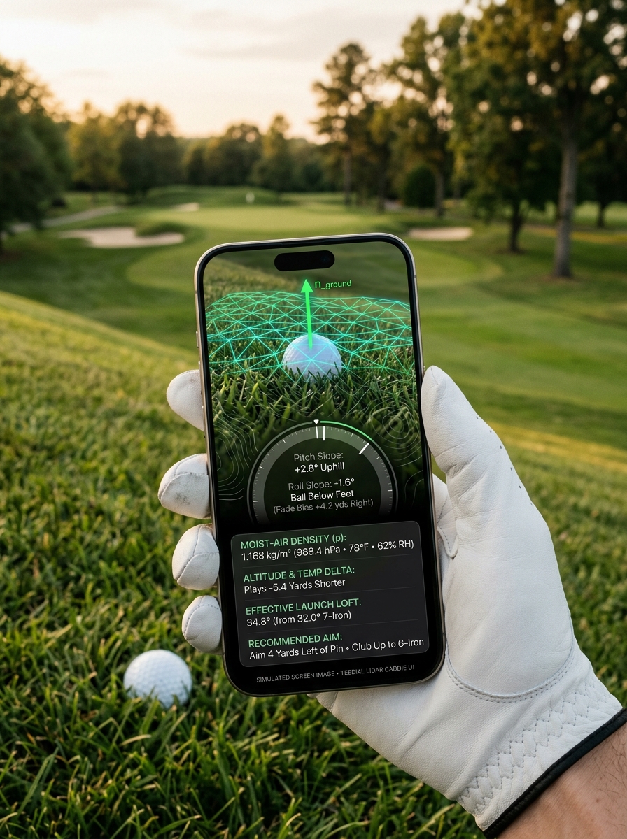 Portrait phone displaying a LiDAR terrain mesh and uphill and below-feet lie information